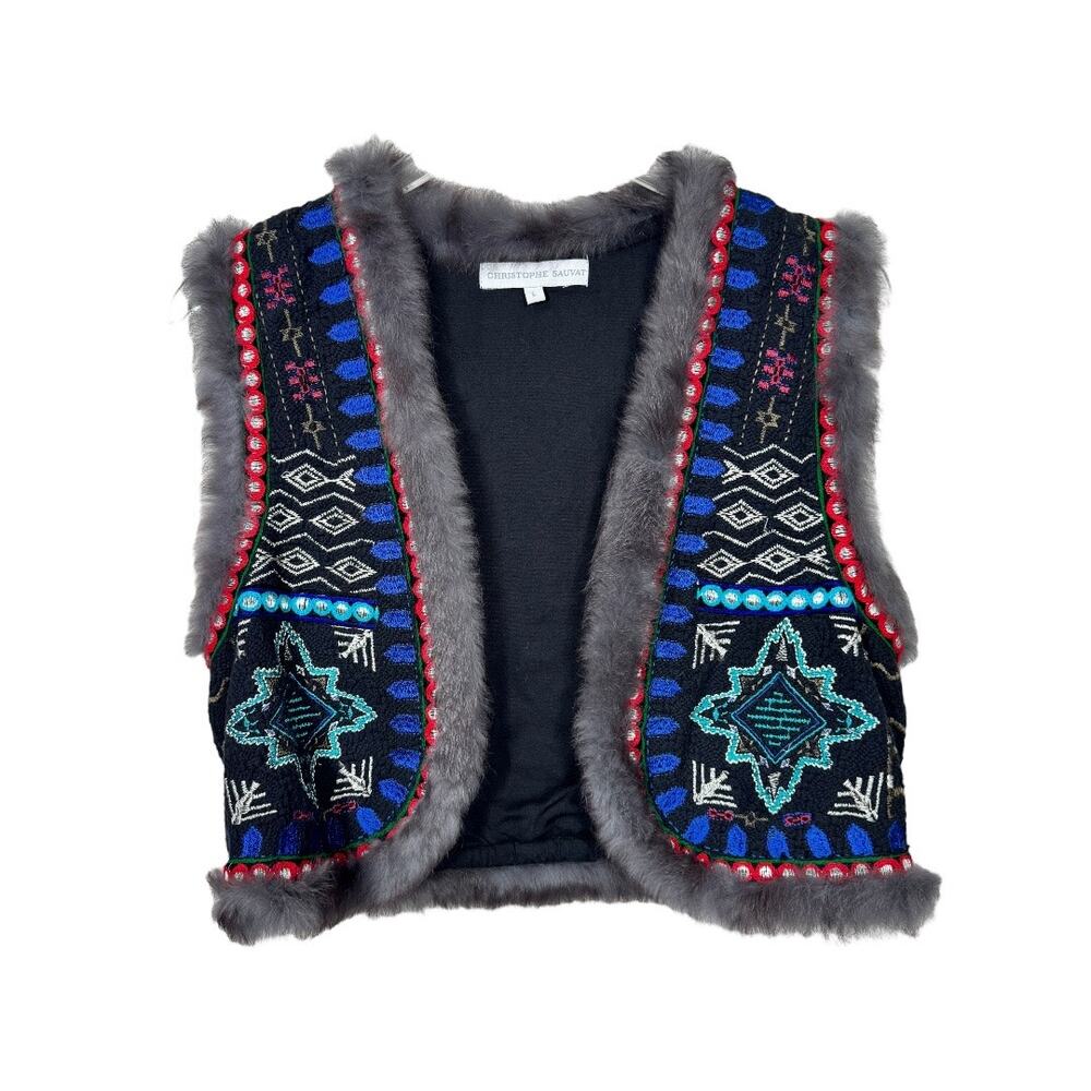 Christophe Sauvat Embroidered Vest Large Rabbit Fur Trim Boho Luxe Brown Blue
